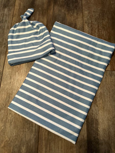 372 blue striped swaddle blanket and hat